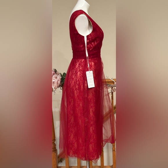 JJ’s House Burgundy NWT Sheath/Column Tea-Length Tulle Cocktail Dress Ruffle Sz4 - Picture 7 of 16